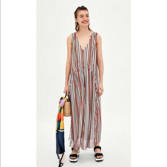 ZARA Striped Multicolor Maxi Dress w/side Slits - Picture 1 of 8